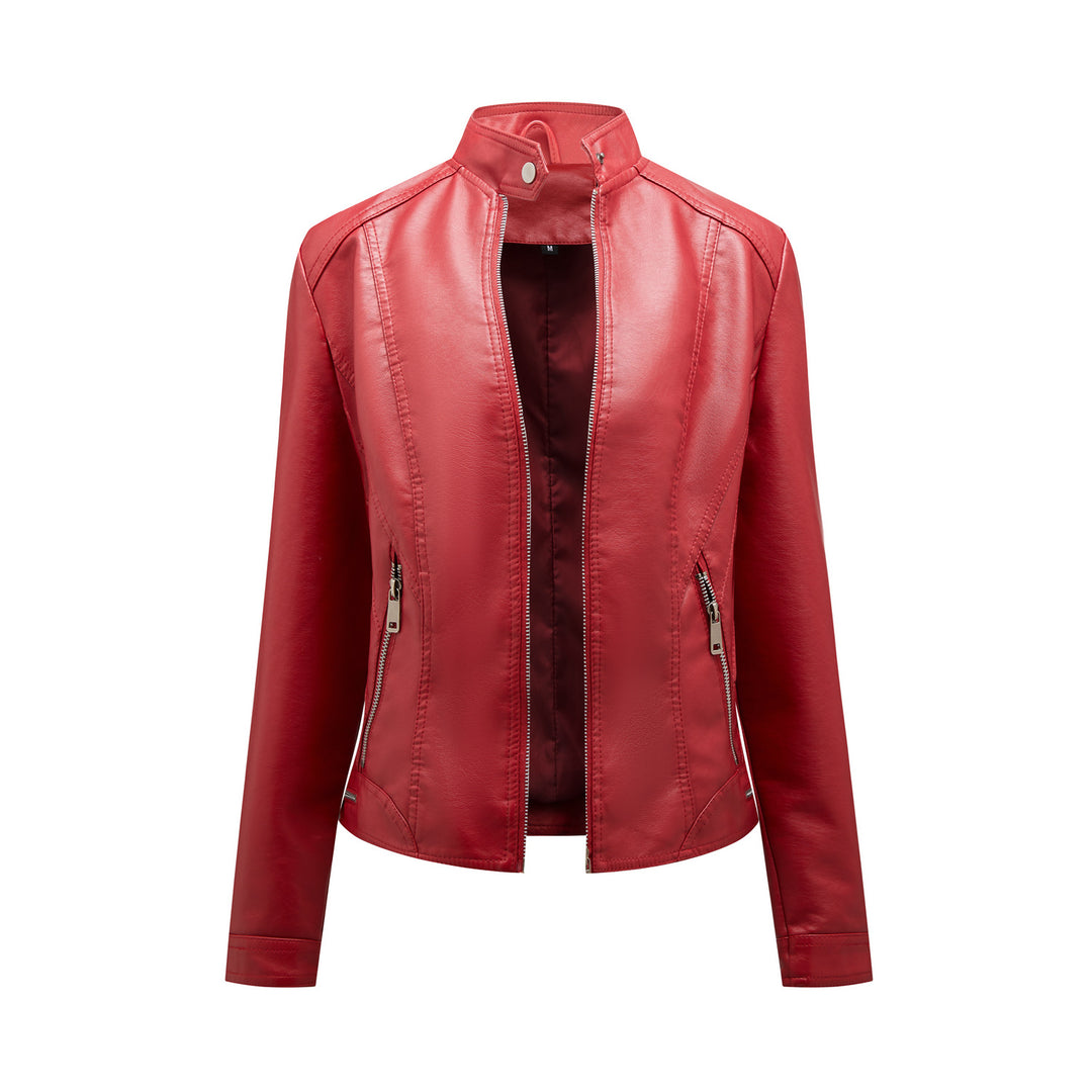 Damen modische Kunstlederjacke mit elegantem Stehkragen und praktischen Reißverschlusstaschen EB