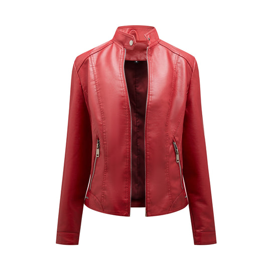 Damen modische Kunstlederjacke mit elegantem Stehkragen und praktischen Reißverschlusstaschen EB