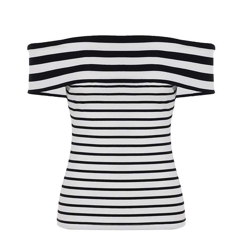 Damen Off-Shoulder Oberteil mit gestreiftem Design und breitem Kragen EB