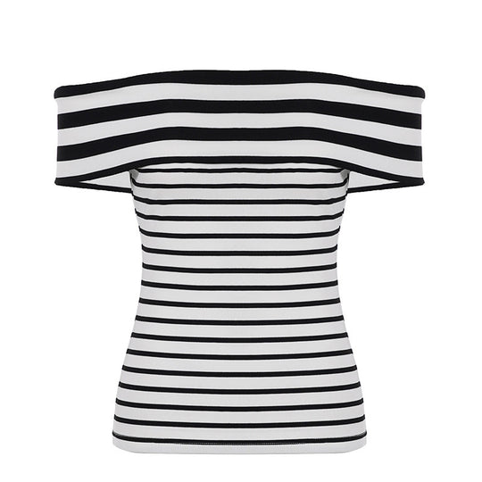 Damen Off-Shoulder Oberteil mit gestreiftem Design und breitem Kragen EB