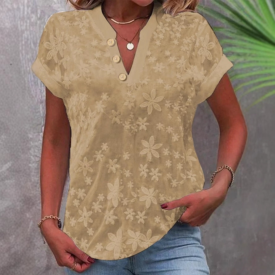 Damen Bluse mit floralem Stickmuster und klassischem V-Ausschnitt EB