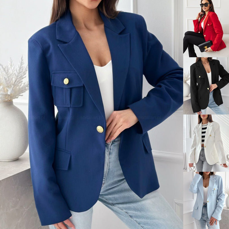 Damen klassische doppelt-knöpfte taillierte Blazer mit Taschen-Detail EB