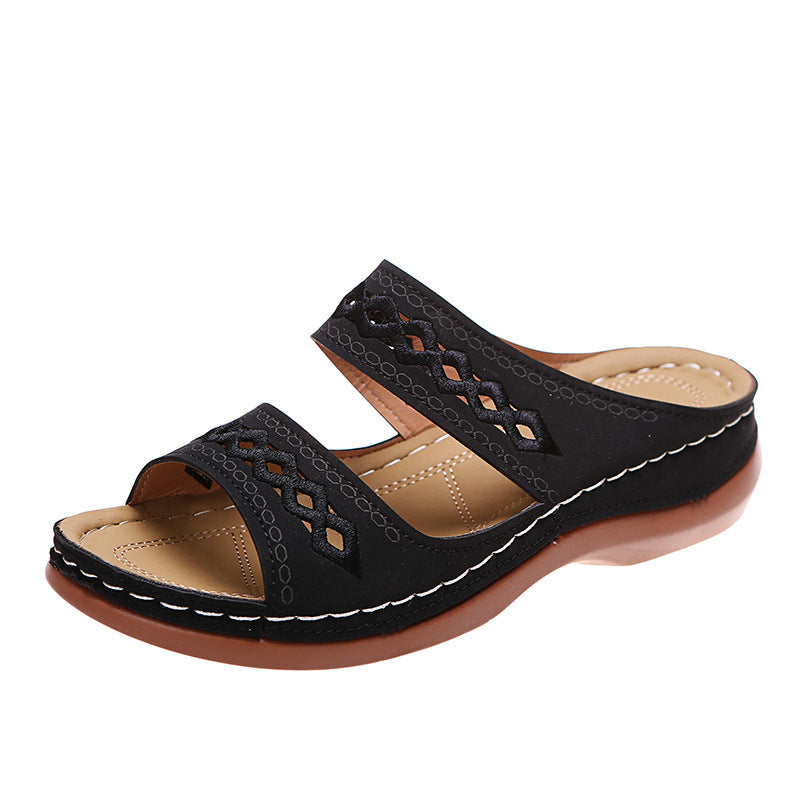Damen Komfort-Sandalen mit doppeltem Riemen, Stickerei und gepolstertem Fußbett EB
