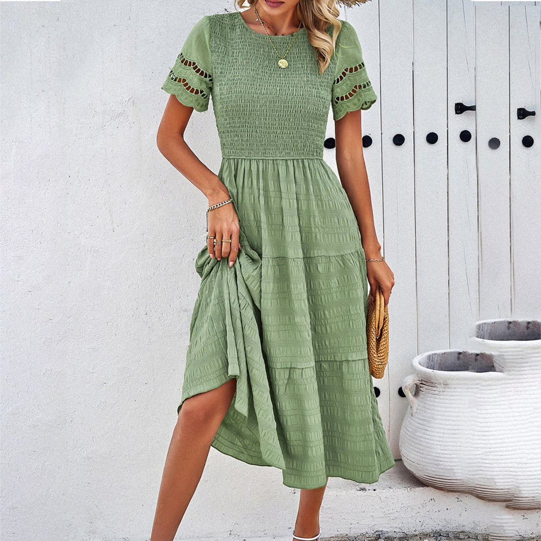 Damen Midikleid mit Puffärmeln und Elastischem Oberteil EB
