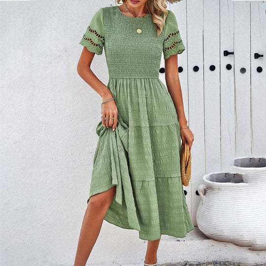 Damen Midikleid mit Puffärmeln und Elastischem Oberteil EB