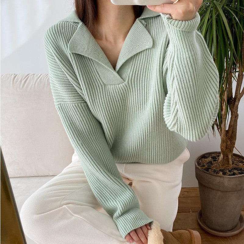 Damen lässiger Feinstrickpullover mit weichem Kragen und Rippstruktur EB