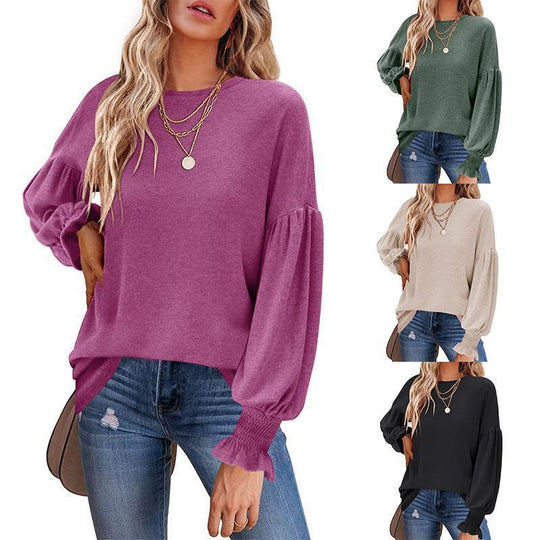 Damen lässiger Pullover mit Ballonärmeln und raffiniertem Saum EB