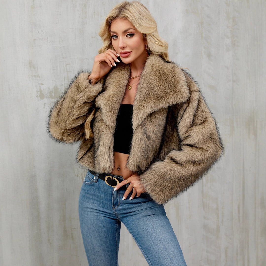 Damen Modische Kunstpelzjacke mit großem Revers EB
