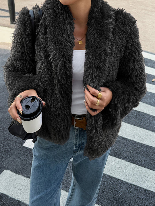 Damen nan flauschiger Teddy-Mantel mit Oversize-Schalkragen, kurzer Länge und geradem Schnitt EB
