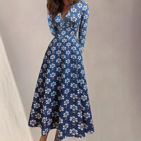 Damen Maxikleid mit tiefem V-Ausschnitt und floralen Motiven EB