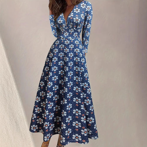 Damen Maxikleid mit tiefem V-Ausschnitt und floralen Motiven EB