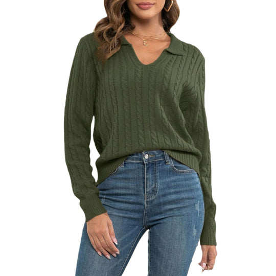 Damen Strickpullover mit V-Ausschnitt und Zopfmuster EB