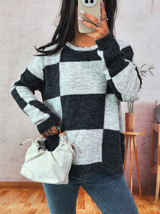 Damen Grobstrickpullover mit modernem Karomuster und lässigem Schnitt EB