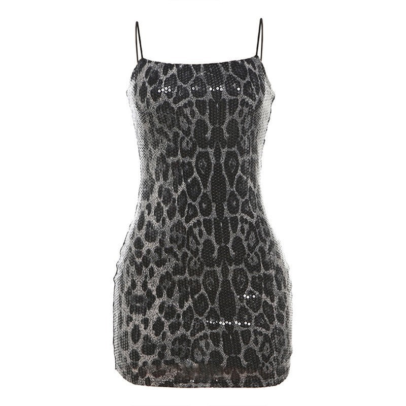 Damen Elegantes Leopardenmuster Kleid mit Glitzersteinen EB