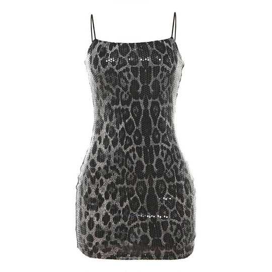 Damen Elegantes Leopardenmuster Kleid mit Glitzersteinen EB