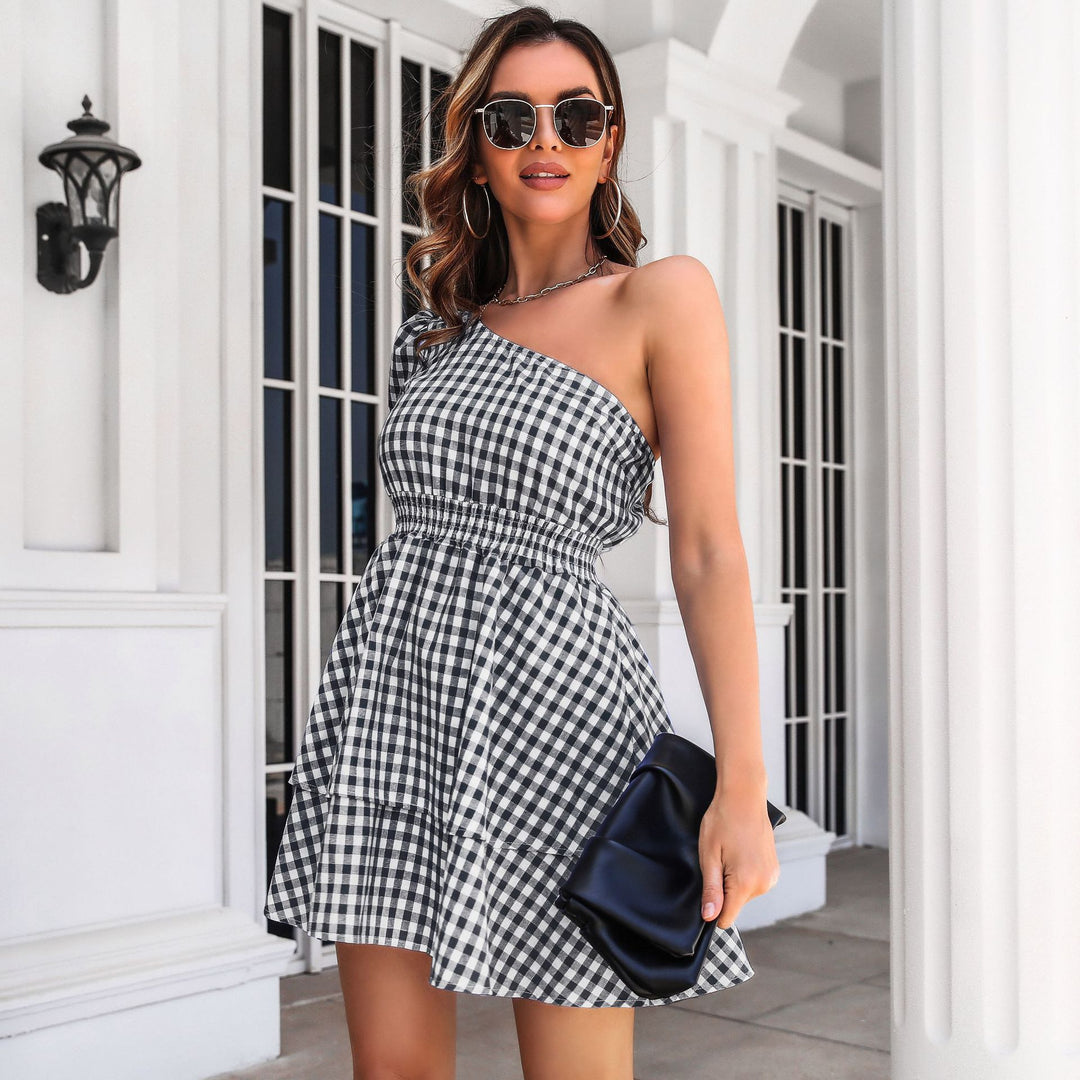 Damen Langarm-Kleid mit einseitigem Träger und lässigem Karomuster EB