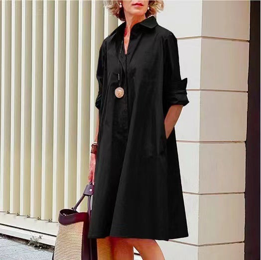 Damen nan A-Linien Hemdblusenkleid mit aufgekrempelten 3/4-Ärmeln und seitlichen Eingrifftaschen EB
