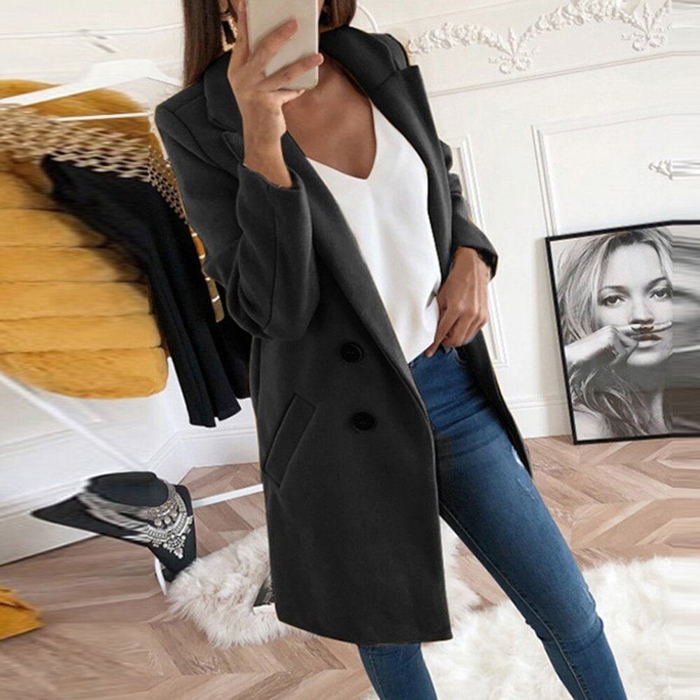 Damen Longline Wolloptik Mantel‑Blazer mit Reverskragen EB