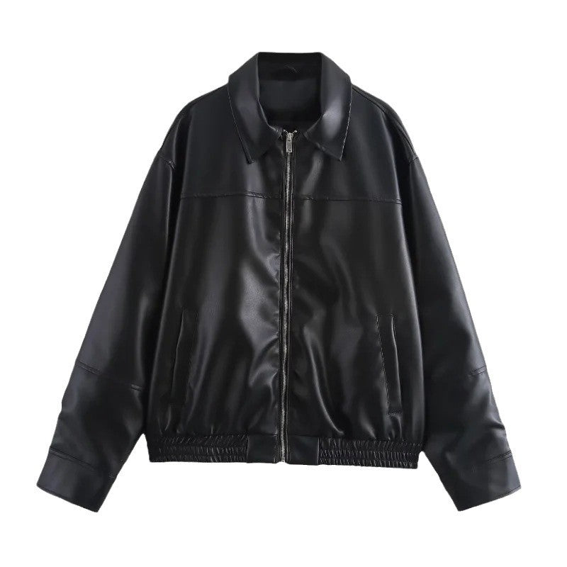 Damen modische Kunstlederjacke mit elastischem Bund EB