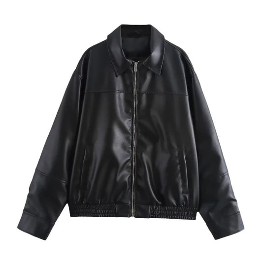 Damen modische Kunstlederjacke mit elastischem Bund EB