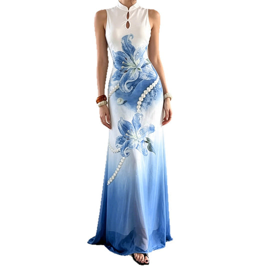 Damen Maxikleid mit floralem Druck und Perlenverzierungen EB