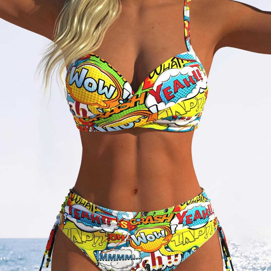 Damen Bikini-Set mit verspieltem Comic-Print und verstellbaren Seitenschnüren EB