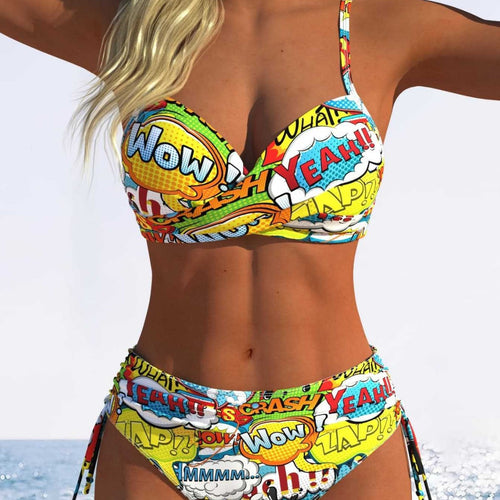 Damen Bikini-Set mit verspieltem Comic-Print und verstellbaren Seitenschnüren EB