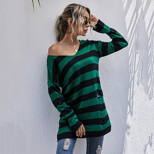 Damen gestreifter Oversized Pullover mit tiefem V-Ausschnitt und trendigen Cut-Outs EB