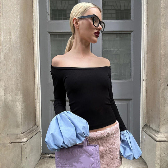 Damen Elegantes Oberteil mit weitem Schulterbereich und langen Puffärmeln EB