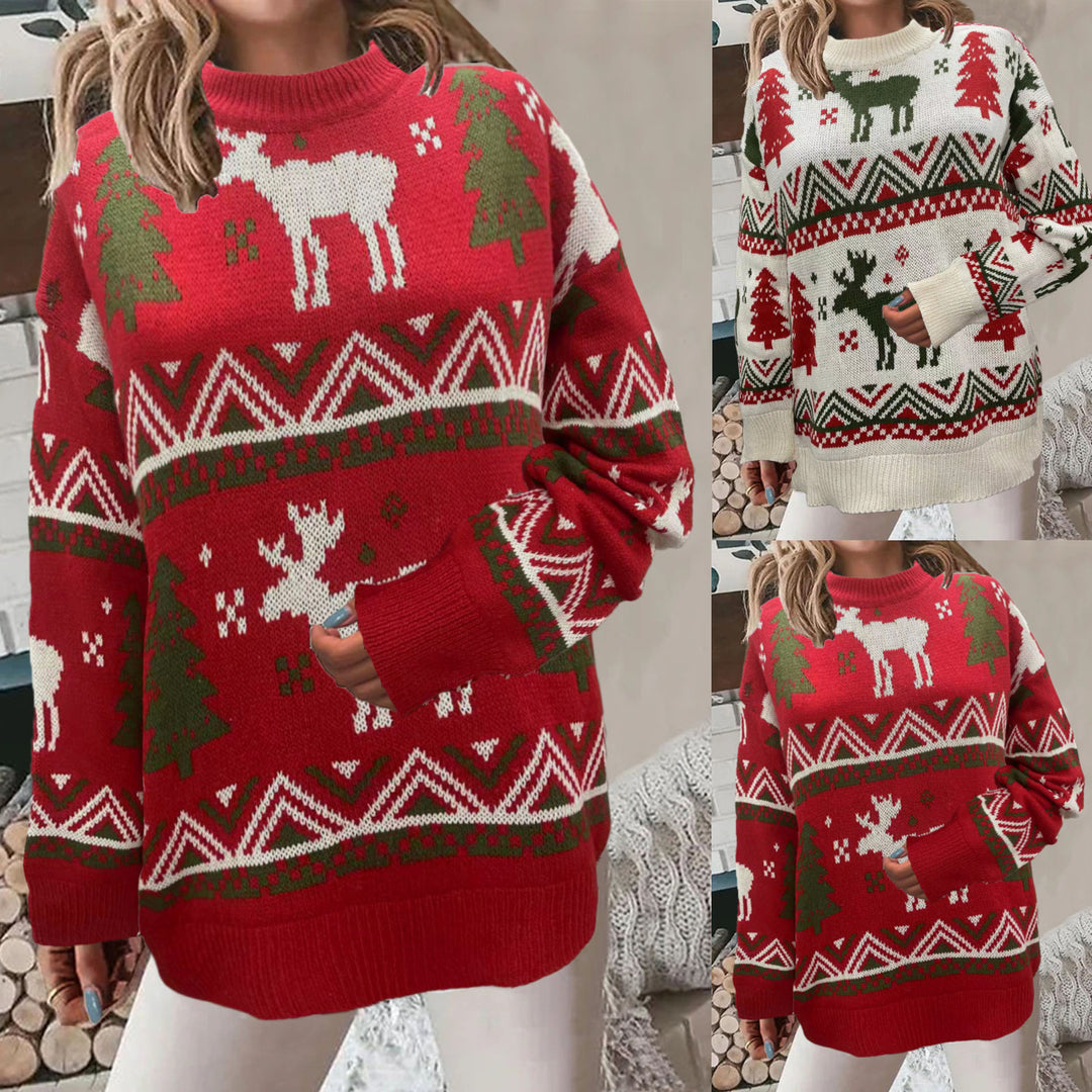 Damen Gemütlicher Weihnachts-Pullover mit festlichem Motiv und hoher Passform EB