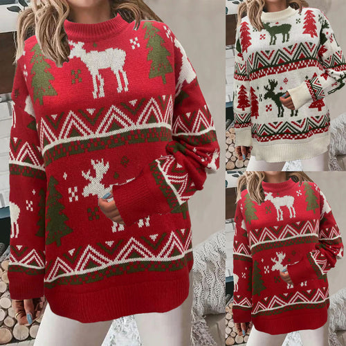 Damen Gemütlicher Weihnachts-Pullover mit festlichem Motiv und hoher Passform EB
