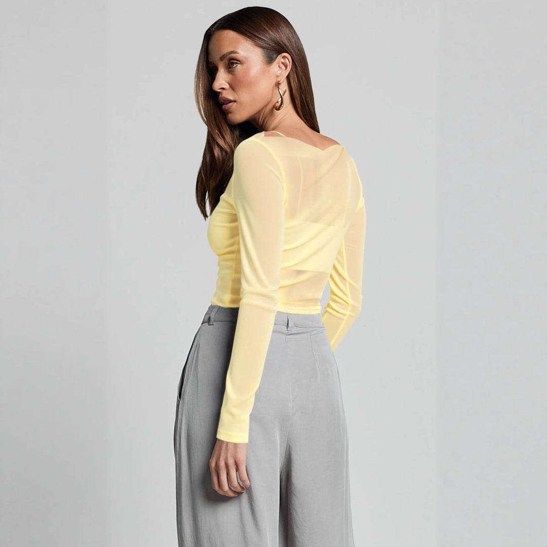Damen Elegantes Langarmoberteil mit transparentem Mesh und Raffung EB