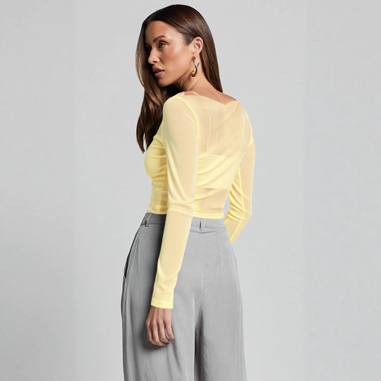 Damen Elegantes Langarmoberteil mit transparentem Mesh und Raffung EB