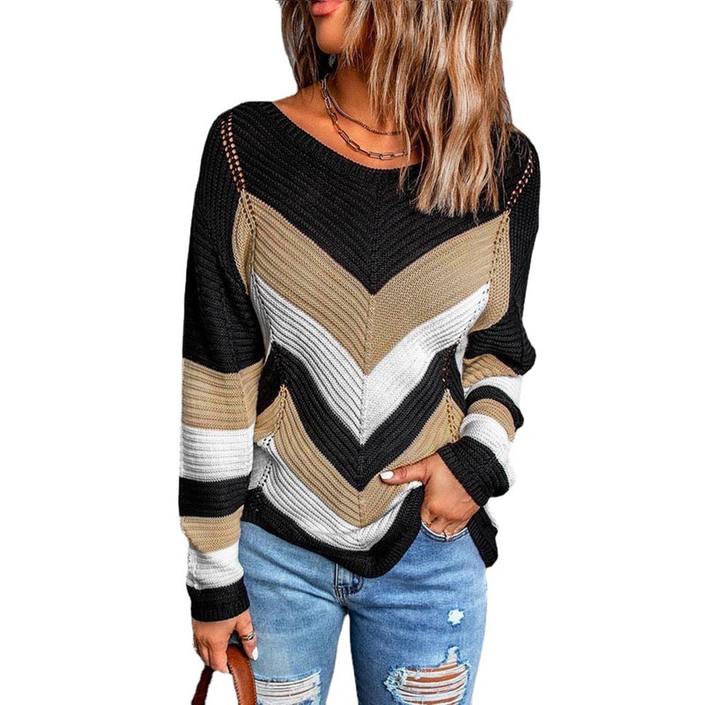 Damen Modischer Strickpullover mit Chevron-Muster und lockerer Passform EB