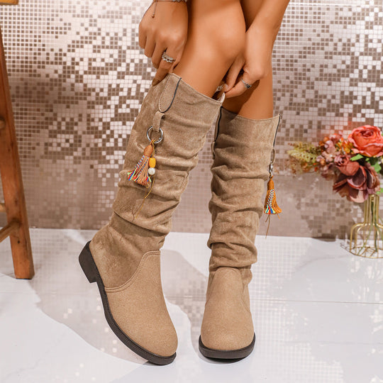 Damen Overknee-Stiefel aus weichem Wildleder mit modischem Rüschendesign EB
