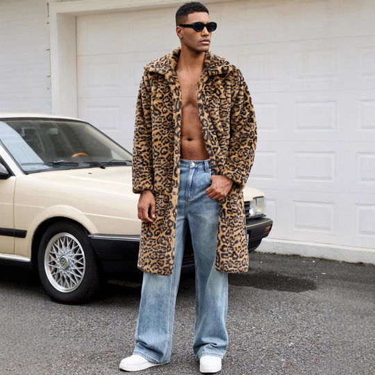 Herren Luxus Kunstpelzmantel mit Leopardenmuster EB