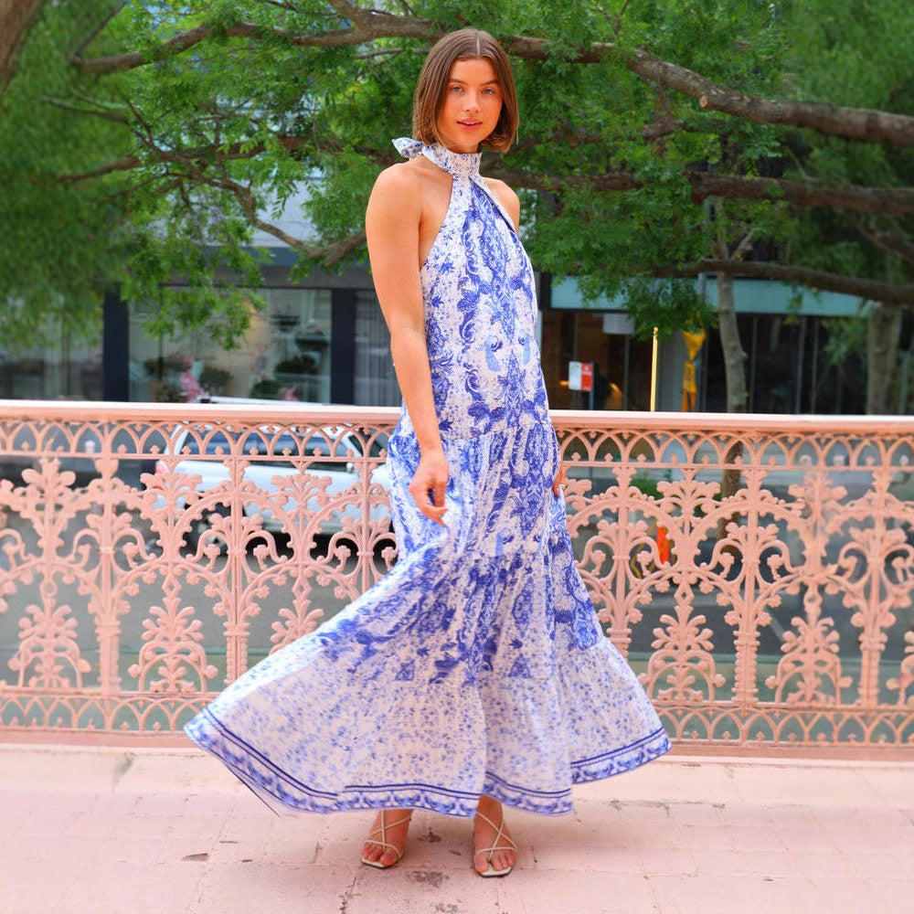 Damen Maxikleid im eleganten Bohemian-Stil mit verführerischem Halsband und fließendem Schnitt EB