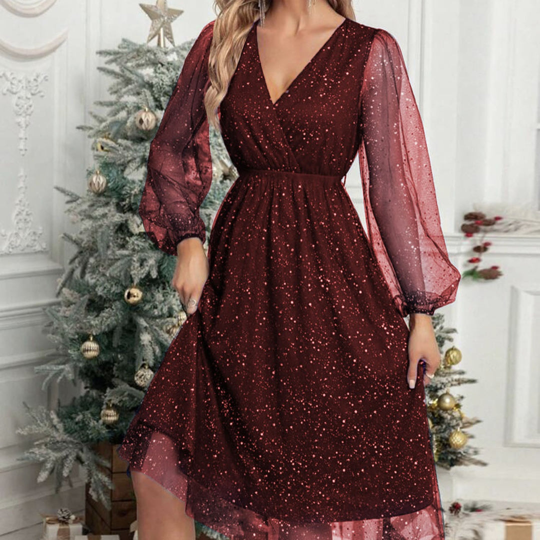 Damen Glamouröses Midikleid mit transparenten Puffärmeln und schimmerndem Paillettenmuster EB