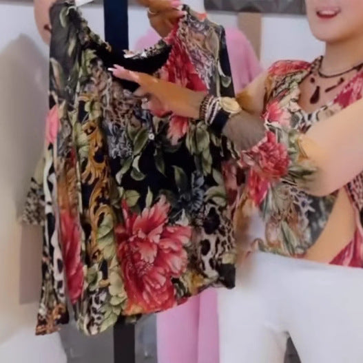 Damen nan leichte Satinbluse mit Animal- und Floralprint, Rüschenkragen, V-Ausschnitt und Manschettenärmeln EB