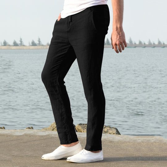 Herren lässige Leinenhose mit elastischem Bund und seitlichen Taschen EB