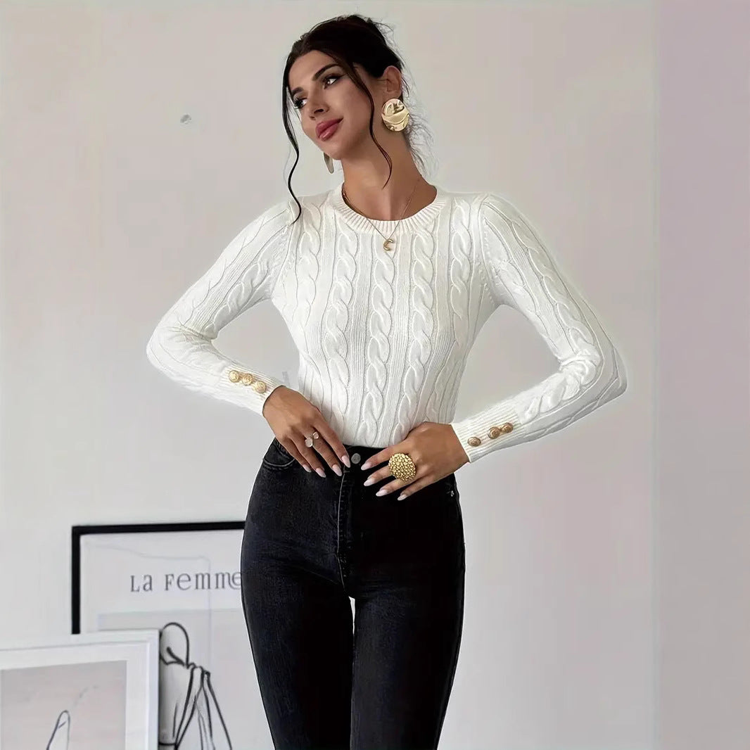 Damen Strickpullover mit Zopfmuster und Knopfdetails EB
