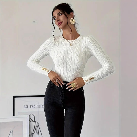 Damen Strickpullover mit Zopfmuster und Knopfdetails EB