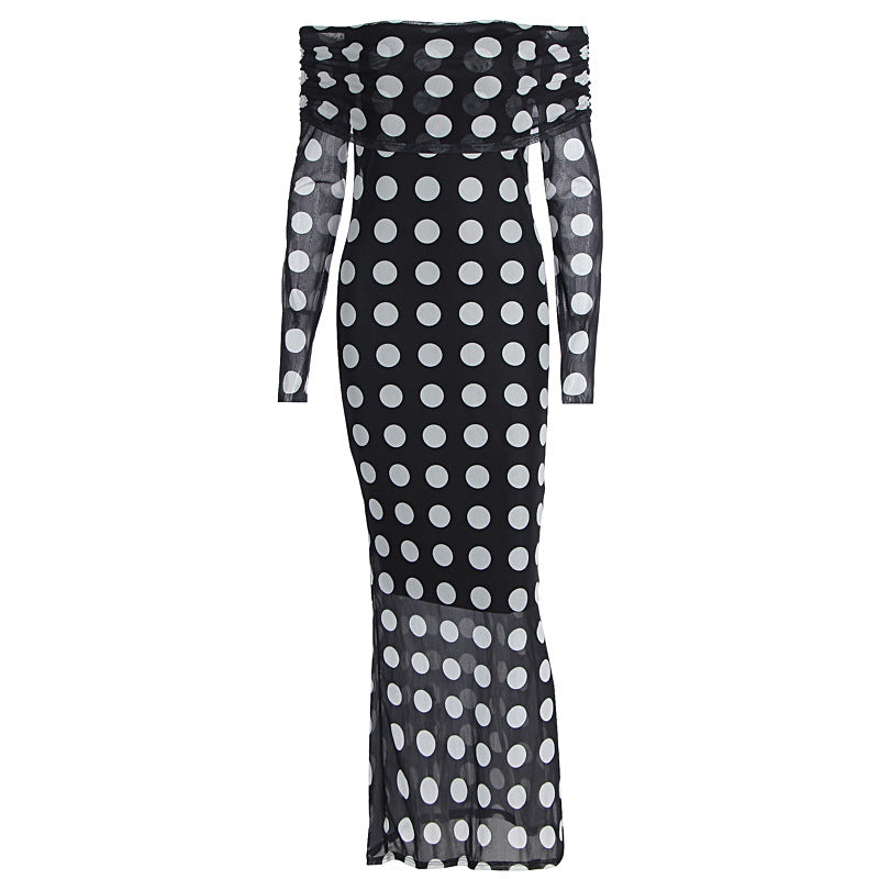 Damen Elegantes Maxikleid mit schulterfreiem Design und Punkten EB