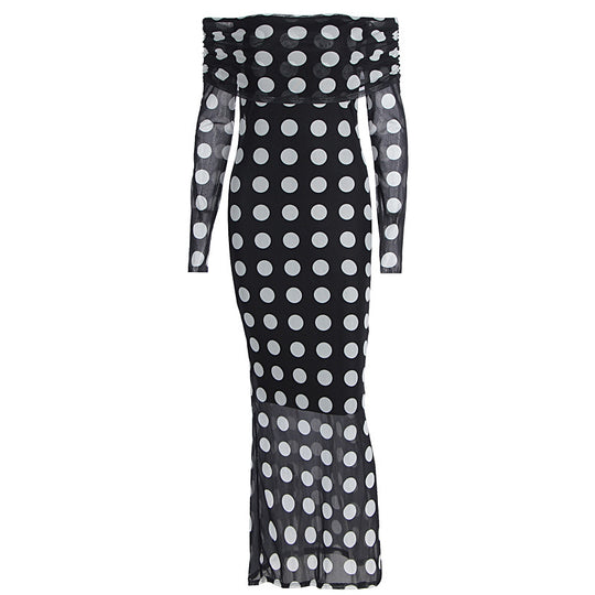 Damen Elegantes Maxikleid mit schulterfreiem Design und Punkten EB