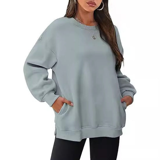 Damen nan lässiger Oversize-Sweatpullover mit seitlichen Eingrifftaschen, geripptem Saum und überschnittener Schulter EB