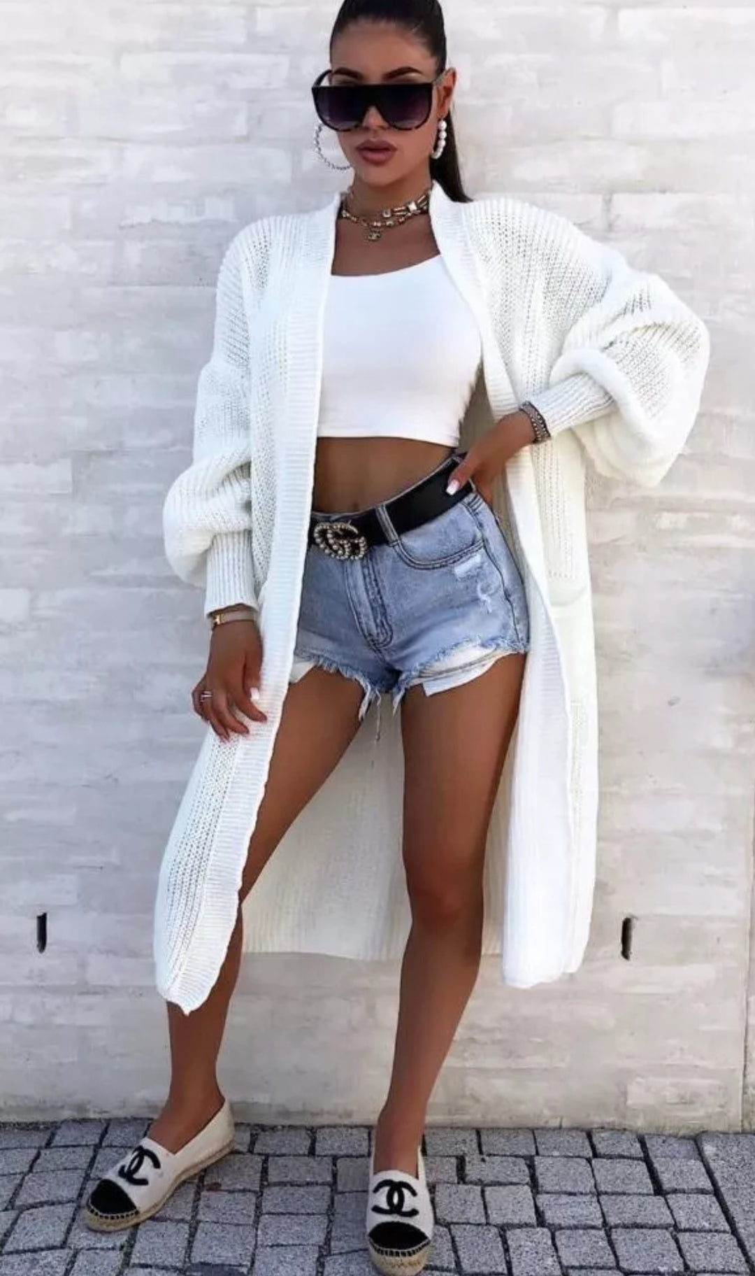 Damen Langer Strickcardigan mit weiten Ärmeln und praktischen Taschen EB