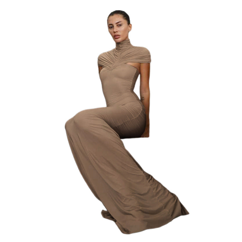 Damen Elegantes Maxikleid mit hochgeschlossenem, drapiertem Kragen EB