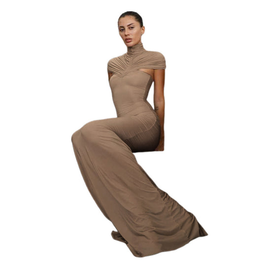 Damen Elegantes Maxikleid mit hochgeschlossenem, drapiertem Kragen EB