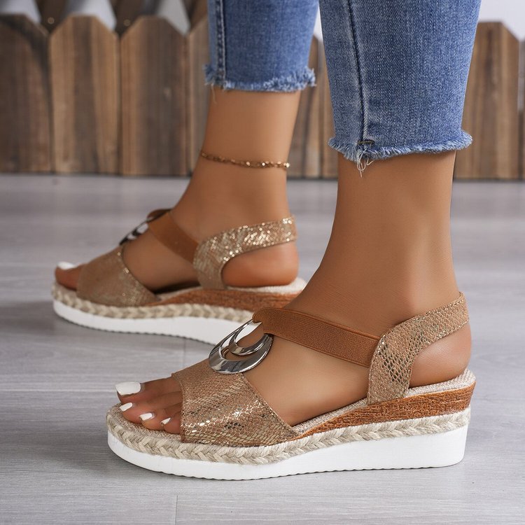 Damen Keil-Sandalen mit Bast-Plateau, elastischem Riemen und Zier-Öse EB