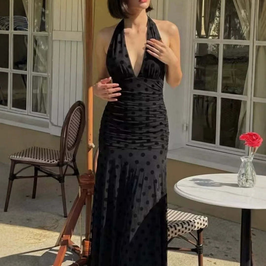 Damen Elegantes Maxikleid mit tiefem V-Ausschnitt und filigranen Rüschen EB